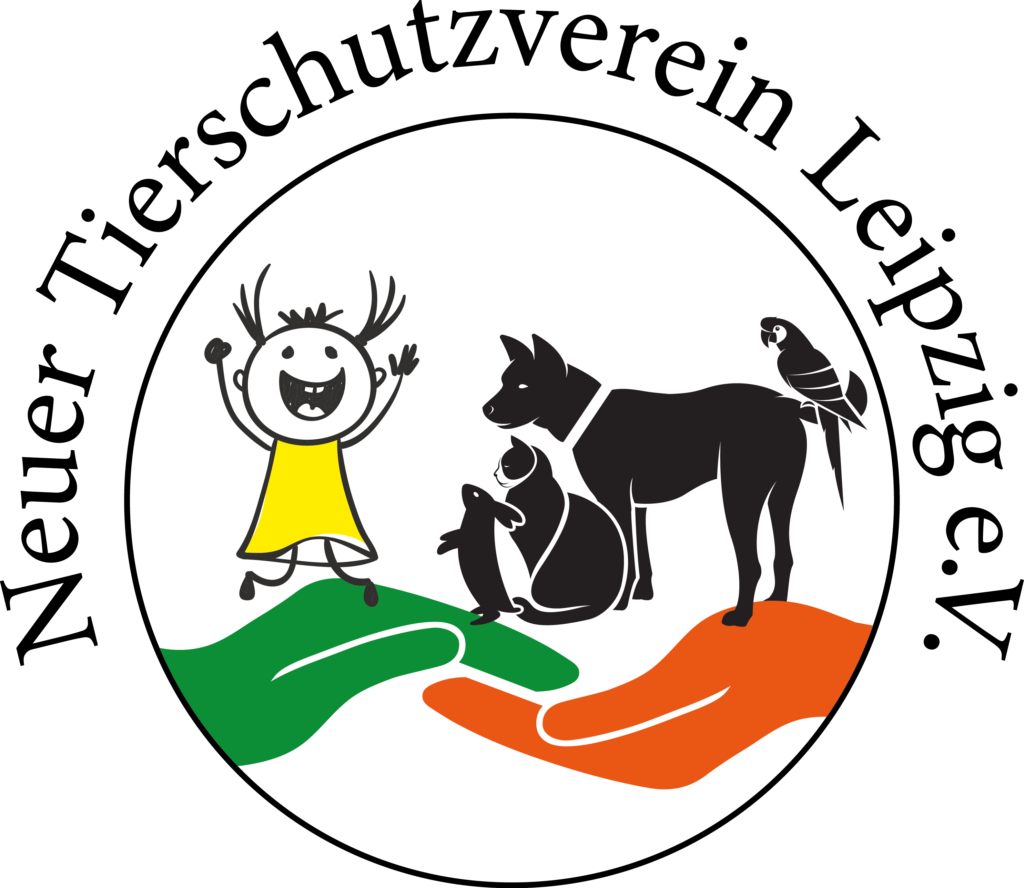 Logo des Neuen Tierschutzverein Leipzig e.V. ein Kreis mit zwei Händen einem gezeichneten Kind und vier Tieren. 